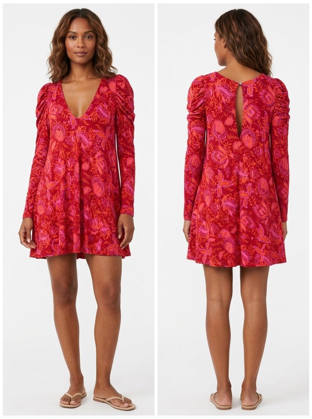 Free People Metal Red A-Line Mini Jersey Floral Dress Women Size M